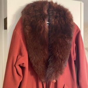 Canadian Long Wool Coat  Real Fox Lapel  Oversized style  Rust with deep pockets